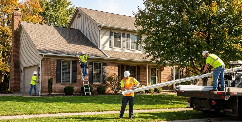 Workers installing gutters on a brick suburban home with ladder and truck